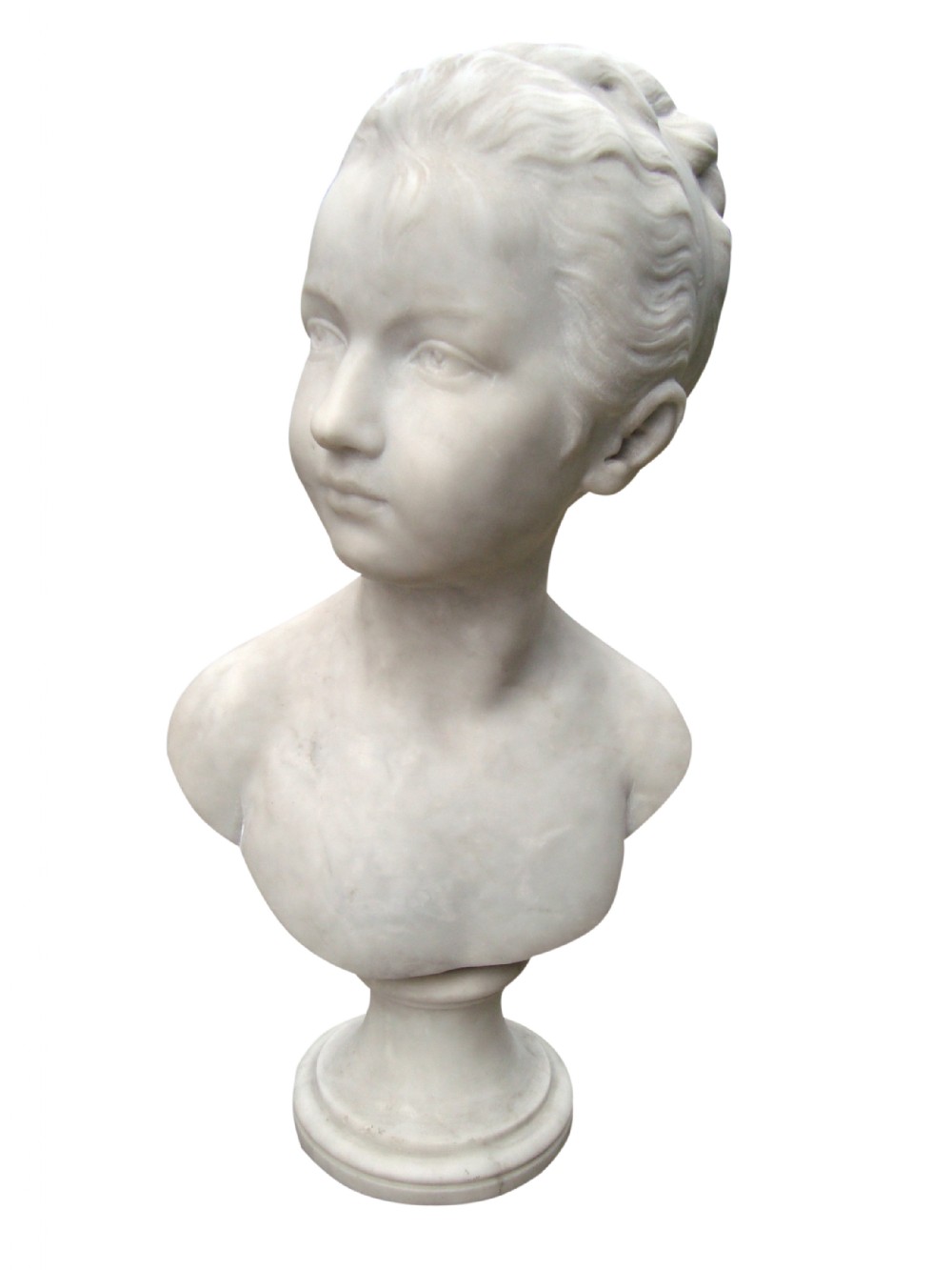 a very impressive white marble bust of a young girl