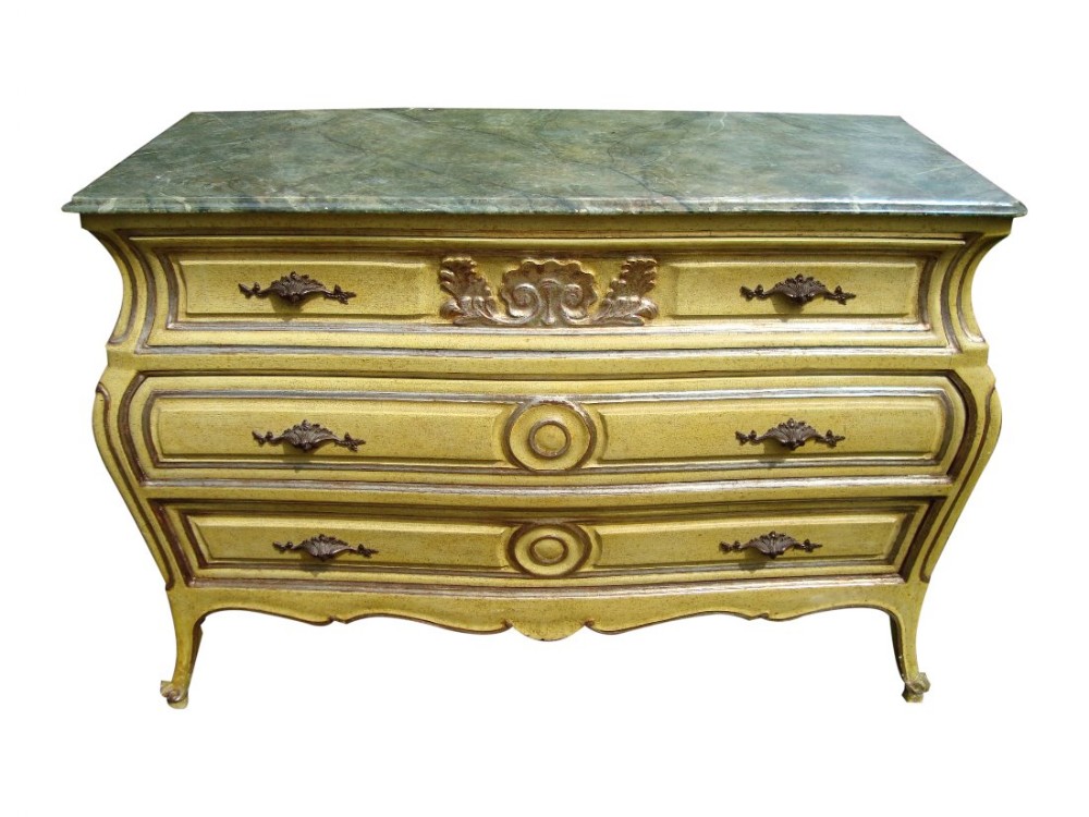 a very decorative french painted bombe chest of drawers